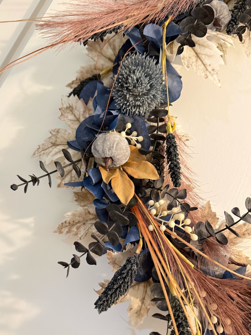 20” Gold Hoop Faux Floral Fall Wreath Navy Blush Mustard Velvet Pumpkins